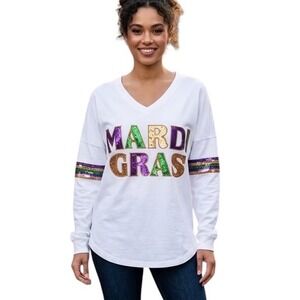 YoYo Mardi Gras Parade Sequin Spirit Jersey Long Sleeve White V-Neck Top Small